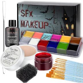 SFX Makeup Kit Professional Face Body Paint Halloween Special Effects Makeup Set with Scar Wax,10 Face Paint Brushes,Spatula Tool,2 Fake Scab Blood,Stipple Sponge Oil Based Face Painting Kit