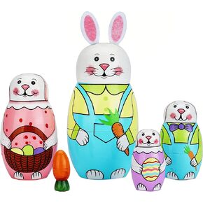 SWANGSA 5 Pcs Russian Nesting Dolls, Cute Cartoon Rabbit Handmade Wood Stacking Matryoshka Nesting Dolls for Kids Birthday Wishing Gift, Home Decoration