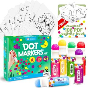 Jar Melo Washable Dot Markers, 6 Colors Dot Paints with 108 PDF & 10 Physical Activity Papers, Non-Toxic Bingo Daubers for Toddlers 1-3 2-4