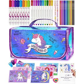 weirtoya Washable Fruit Scented Markers Set with Unicorn Pencil Case Stickers Stamps Coloring Book, STEM Toys Unicorns Gifts for Girls Birthday Gifts for Girls 4-9 Years