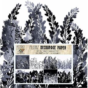 حزمة ورق Decoupage (24 ورقة مقاس 6 × 6 بوصات) أحادية اللون بنمط الأزهار FLONZ ورق نمط سلس على الطراز العتيق لDecoupage والحرف اليدوية وسكرابوكينغ براعم الزهور السوداء in Kuwait