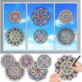 ToyUnited DIY Mandala Diamond Painting Window Clings، 6 ملصقات نافذة الماس تنقيط الحرف الفنية مجموعات للبالغين، يأتي مع 12 جهاز كمبيوتر شخصى ملصقات الماس لديكورات نافذة الزجاج الإبداعية Suncatcher in Kuwait