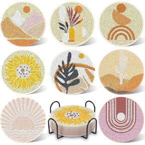 UPINS Ocean Diamond Art Painting Coaster Kit, 8Pcs DIY Crafts Kit with Holder, Non Slip Coaster Art Supplies for Adults, Ideal Christmas Gift