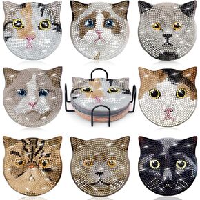 Billbotk 8 Pieces Diamond Art Painting Coasters Kit with Holder, Diamond Art Coasters, DIY Diamond Art Crafts Projects, Diamond Dot Kits for Adults and Beginners(Cat Style)
