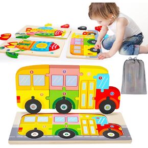 Wooden Toddler Puzzles for Kids Ages 2-4 Montessori Toys for 2 3 4 Year Old Boys Girls Toddler Educational Developmental Toys Gifts Numbers Colors Shapes Early Learning Vehicle Puzzle Toys(3 Packs)