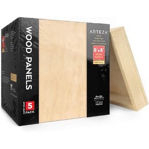 ARTEZA Wood Canvas Boards, 8 x 8 Inches, Pack of 5, Birch Wood, Wooden Panels for Acrylic and Oil Painting, Wood Burning, Crafting