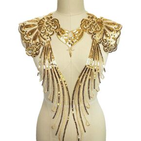 Gauze Sequins Gold Thread Feather Phoenix Tail Patches Sewing Fabric Collar Applique Brooch Embroidery Lace Patch DIY Wedding Gown Cheongsam Bridal Dress Crafts 1 Set/5pcs (Blue) in Kuwait