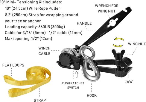 سي تي اس سي مجموعة شد زيبلاين - مجموعات تركيب زيبلاين للفناء الخلفي مع سقاطة صغيرة مع رافعة، مقبض كيبل للخطوط 3/16 انش الى 1/2 انش وحمالة شجرة واقية - معدات شد خطوط بسحاب فائقة in Kuwait