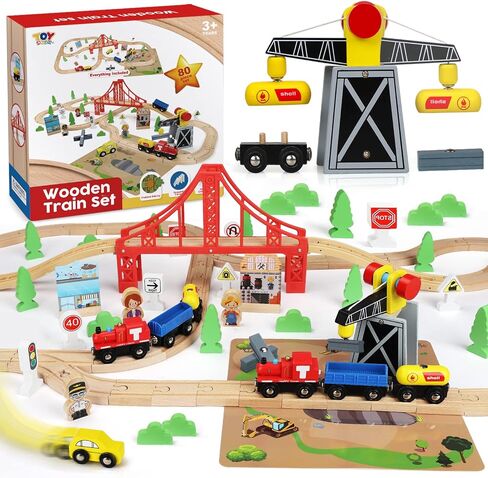 TOY Life Wooden Train Set with Crane, 60-Pc Track, Boys 3-8 in Kuwait