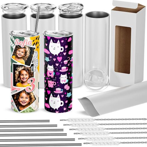Rumbl Tumblz Pack of 6 White 20 Oz. Sublimation Tumblers | Blank Tumblers with Lid & Straws | Stainless Steel Insulated Double-Wall Straight Sublimation Cups Bulk | Individually-Boxed Skinny Tumblers in Kuwait