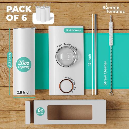 Rumbl Tumblz Pack of 6 White 20 Oz. Sublimation Tumblers | Blank Tumblers with Lid & Straws | Stainless Steel Insulated Double-Wall Straight Sublimation Cups Bulk | Individually-Boxed Skinny Tumblers in Kuwait