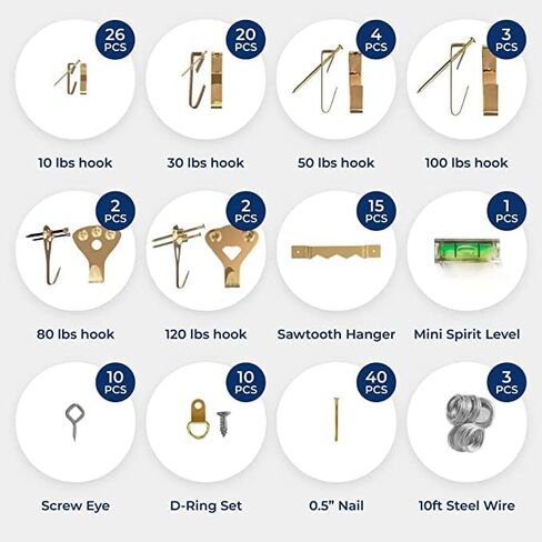 بيكيلي مجموعة تعليق الصور مكونة من 225 قطعة تتضمن سلك مسامير، خطاف سن منشار للتثبيت على الحائط، سلك صلب شديد التحمل لمستوى التدرج الصغير للاستخدام في المنزل والمكتب in Kuwait