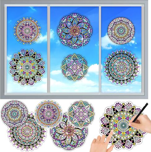 ToyUnited DIY Mandala Diamond Painting Window Clings، 6 ملصقات نافذة الماس تنقيط الحرف الفنية مجموعات للبالغين، يأتي مع 12 جهاز كمبيوتر شخصى ملصقات الماس لديكورات نافذة الزجاج الإبداعية Suncatcher in Kuwait