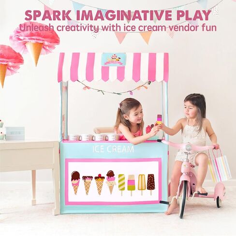 تايني لاند عربة ايس كريم للاطفال مع طعام للعب (4 قطع) - عربة عمل ملونة للاطفال الصغار لتنمية وتعلم الطفل (طول 49 انش) - خيمة لعب للاطفال ومنزل لعب داخلي in Kuwait