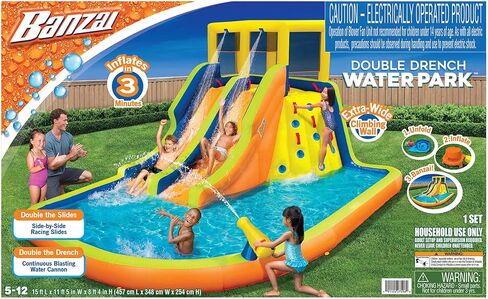 BANZAI Double Drench Water Park, Length: 15 ft, Width: 11 ft 5 in, Height: 8 ft 4 in, Inflatable Outdoor Backyard Water Slide Splash Toy in Saudi Arabia