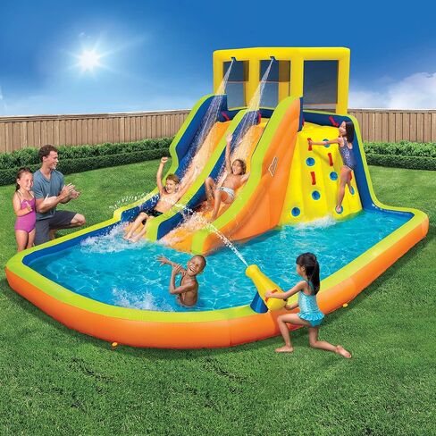 BANZAI Double Drench Water Park, Length: 15 ft, Width: 11 ft 5 in, Height: 8 ft 4 in, Inflatable Outdoor Backyard Water Slide Splash Toy in Saudi Arabia