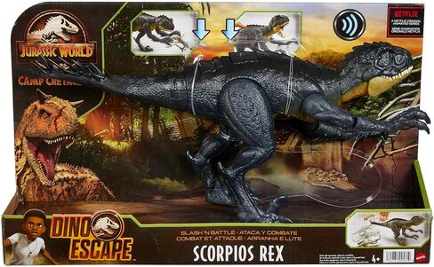 Mattel Jurassic World Toys Slash ‘N Battle Scorpios Rex Action & Sound Dinosaur Figure Camp Cretaceous with Movable Joints, Slashing & Tail Whip Motions & Roar Sound, Kids Gift Ages 4 Years & Up in Kuwait
