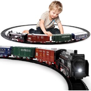 deAO Christmas Train Set Toys for Kids, Toy Train Track Locomotive Engine Battery Powered Railway Kits with Road Signs and Tracks Birthday Gifts for Age 3 4 5 6 7