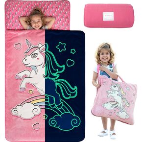 بساط قيلولة جليم دريم يتوهج في الظلام يونيكورن مع وسادة قابلة للإزالة وحقيبة حمل - بساط قيلولة للأطفال الصغار - حقيبة نوم للرعاية النهارية - كيس قيلولة للأطفال البنات للأعمار 2،3،4،5،6،7،8 in Kuwait