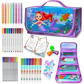 weirtoya Washable Fruit Scented Markers Set with Mermaid Pencil Case Mermaid Stickers Stamps Coloring Book, STEM Toys Mermaid Gifts for Girls Birthday Gifts for Girls 4-9 Years