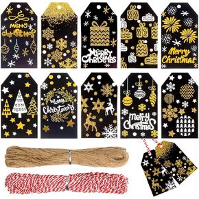 FINGOOO 100 Christmas Gift Tags,Shiny Black Gold Holiday Gift Tag Stickers Xmas Hanging Present Label for Christmas Party Favor