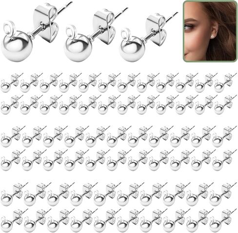 120Pcs Ball Earring Posts Stud with Loop, Hypoallergenic Round Ball Earring Posts Stainless Steel with 120 Pcs Butterfly Ear Back for DIY Jewelry Making Findings, 4 mm 5 mm 6 mm (Silver) in Kuwait