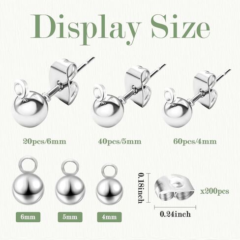 120Pcs Ball Earring Posts Stud with Loop, Hypoallergenic Round Ball Earring Posts Stainless Steel with 120 Pcs Butterfly Ear Back for DIY Jewelry Making Findings, 4 mm 5 mm 6 mm (Silver) in Kuwait