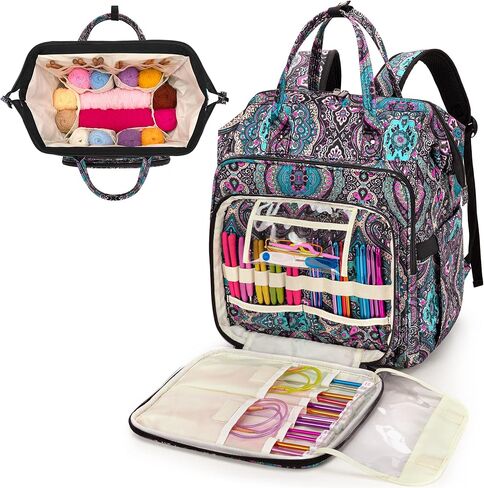 LoDrid Knitting Bag Backpack with Three Oversized Grommets, Travel Yarn Bag with Steel Frame Top, Crochet Organizer for Crochet Hooks, Knitting Needles, and Other Accessories, Black, Bag Only in Kuwait
