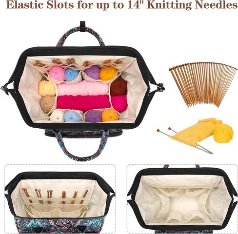 LoDrid Knitting Bag Backpack with Three Oversized Grommets, Travel Yarn Bag with Steel Frame Top, Crochet Organizer for Crochet Hooks, Knitting Needles, and Other Accessories, Black, Bag Only in Kuwait