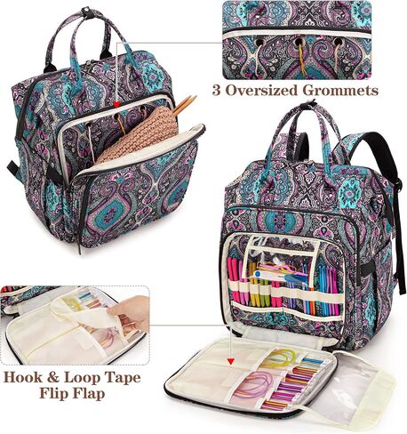 LoDrid Knitting Bag Backpack with Three Oversized Grommets, Travel Yarn Bag with Steel Frame Top, Crochet Organizer for Crochet Hooks, Knitting Needles, and Other Accessories, Black, Bag Only in Kuwait