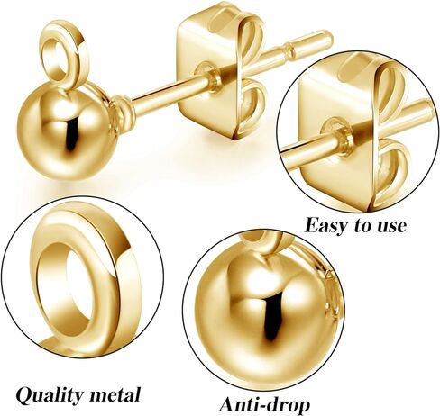 180 Pieces Ball Post Earring Stud with 200 Pieces Butterfly Ear Back Earrings with Loop for DIY Jewelry Making Findings, 4 mm 5 mm 6 mm (Gold) in Saudi Arabia