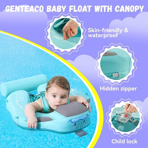 GENTEACO Newest Mambobaby Baby Swim Float with Canopy Non-Inflatable Infant Pool Float with Tail 3-24 Months Avoid Flip Solid Skin-Friendly Material for Toddler Boys Girls in Kuwait
