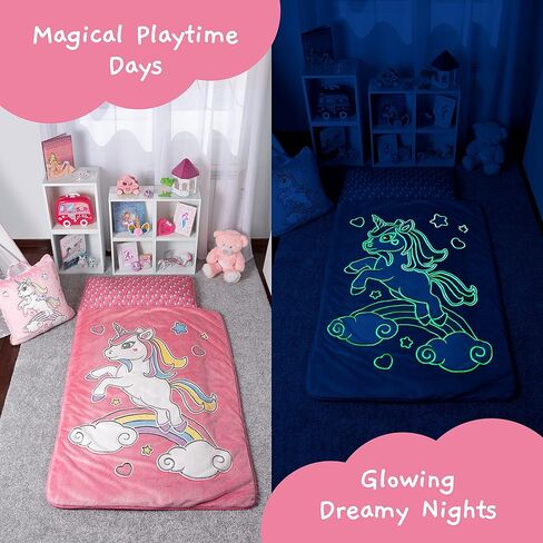 بساط قيلولة جليم دريم يتوهج في الظلام يونيكورن مع وسادة قابلة للإزالة وحقيبة حمل - بساط قيلولة للأطفال الصغار - حقيبة نوم للرعاية النهارية - كيس قيلولة للأطفال البنات للأعمار 2،3،4،5،6،7،8 in Kuwait