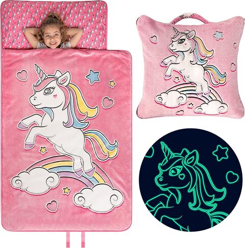 بساط قيلولة جليم دريم يتوهج في الظلام يونيكورن مع وسادة قابلة للإزالة وحقيبة حمل - بساط قيلولة للأطفال الصغار - حقيبة نوم للرعاية النهارية - كيس قيلولة للأطفال البنات للأعمار 2،3،4،5،6،7،8 in Kuwait