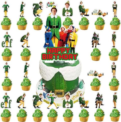 Elf Movie Birthday Party Cake Topper 37Pcs Christmas Elf Movie-themed Birthday Party Supplies Cupcake Decorations for Kids in Saudi Arabia