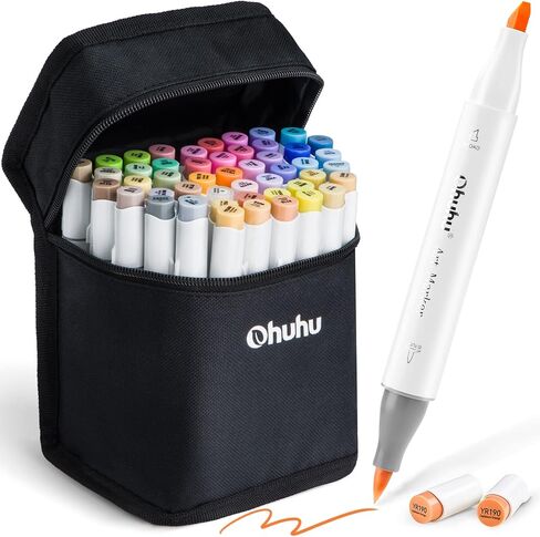 Ohuhu Alcohol Brush Markers 48 Mid-tone Colors- Double Tipped Alcohol Based Art Marker Set for Artists Adults Coloring Sketch Illustration- Brush & Chisel Dual Tips- Honolulu- Refillable in Kuwait