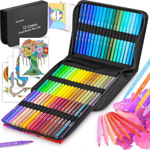 Coloring Markers Pens Set for Adult Coloring Book, Soucolor 72 Colors Dual Tip Art Markers (Fineliner&Brush, Numbered Penholder) with Case for Adults Kids Artist Drawing Journaling Sketching Lettering in Saudi Arabia