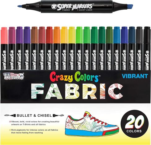 US Art Supply Super Markers 20 لونًا فريدًا من نوعه، مجموعة أقلام تحديد تي شيرت ونسيج مزدوج الأطراف - نهاية مزدوجة مع نقطة إزميل وأطراف دقيقة - 20 حبرًا دائمًا نابضًا بالحياة وجريئة in Kuwait