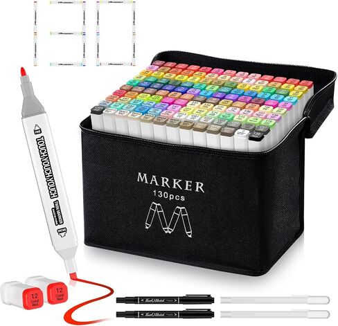 Banral 130 Colors Dual Tip Alcohol Based Markers, Twin Sketch Art Markers Set Pens for Artists Kids Adult Coloring Drawing Sketching Card Making Illustration, Premium Brush Markers with Case in Kuwait