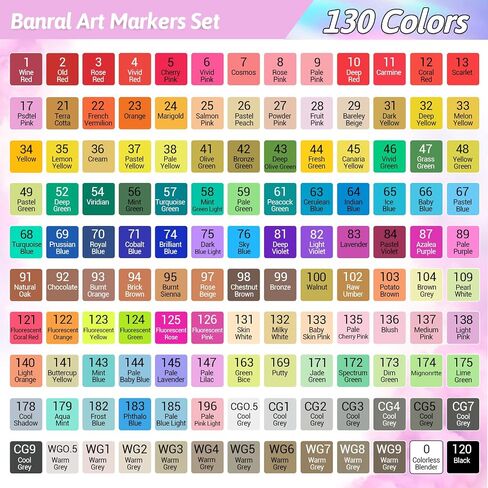 Banral 130 Colors Dual Tip Alcohol Based Markers, Twin Sketch Art Markers Set Pens for Artists Kids Adult Coloring Drawing Sketching Card Making Illustration, Premium Brush Markers with Case in Kuwait