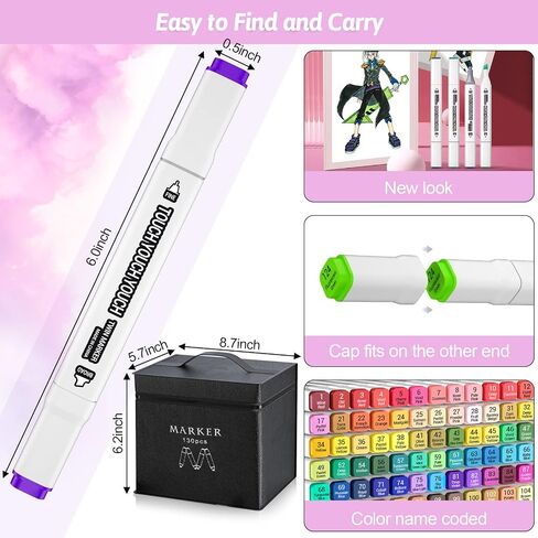 Banral 130 Colors Dual Tip Alcohol Based Markers, Twin Sketch Art Markers Set Pens for Artists Kids Adult Coloring Drawing Sketching Card Making Illustration, Premium Brush Markers with Case in Kuwait