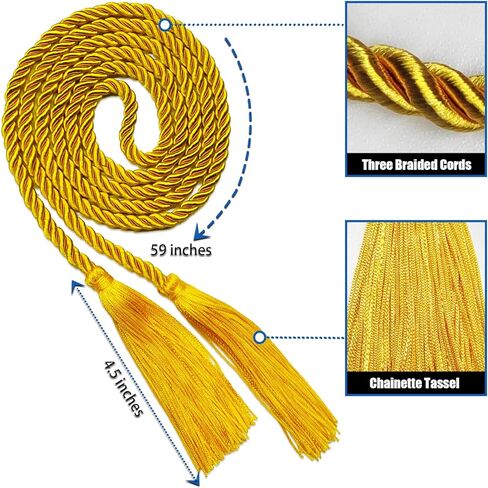 حبال التخرج مع شرابات ذهبية، حزام حبل مضفر مقاس 68 بوصة للبكالوريوس والماجستير والطبيب وتزيين ثوب المدرسة، شرابات صفراء مقاس 17.5 بوصة للحرف اليدوية، إشارة مرجعية، سلسلة مفاتيح، حبل شرف طويل للكلية in Kuwait