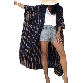 QIUYEJUO Women's Flowy Beach Kimono Long Bikini Cover Up Dress Chiffon/Rayon Open Front Cardigan
