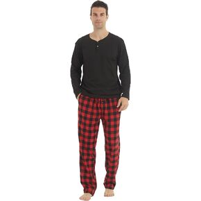 Pajamas for Men Set Long Sleeve Henley Microfleece Shirt Plaid Flannel Pants Comfy Pjs Sleepwear Plush Loungewear
