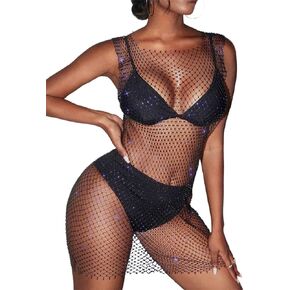 ملابس سباحة شبكية مثيرة من السابق، أغطية شفافة من حجر الراين للشاطئ بدون أكمام، أغطية شبكية مفرغة من الجسم in Kuwait