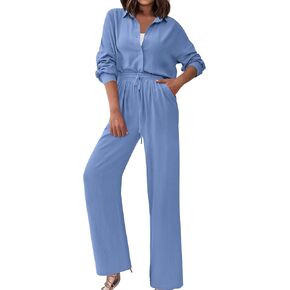 Dowerme ملابس نسائية لخريف 2 قطعة 2023 بدلة رياضية غير رسمية بأزرار للأسفل قمصان برباط طويل طقم صالة بدلة رياضية in Kuwait