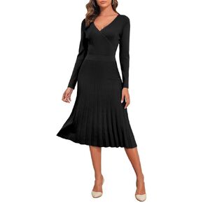 PrettyGuide Women's Wrap Sweater Dress V Neck Long Sleeve Pleated A Line Knit Midi Dresses