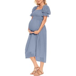 Puff Sleeve Swiss Dot Maternity Dress/Square Neck Smoked Midi Dress Summer Baby Shower