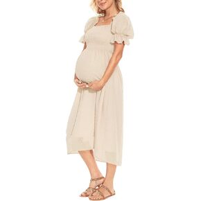 Puff Sleeve Swiss Dot Maternity Dress/Square Neck Smoked Midi Dress Summer Baby Shower