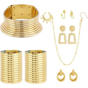 FINZOR 10Pcs African National Jewelry Women Set Flamboyant Egypt Choker Bracelet African Nose Rings Hoop African Nose Cuff Chain Earrings for Halloween Theme Party in Kuwait